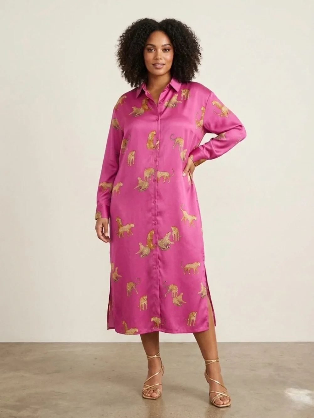 Umgee Hot Pink Satin Leopard Shirt Dress Size 1XL NWT - Picture 3 of 7